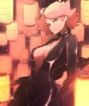  1girl amanda_o&#039;neill black_bodysuit bodysuit breasts catsuit center_opening green_eyes latex little_witch_academia looking_at_viewer medium_breasts omiza_somi orange_hair short_hair skin_tight solo unzipped 