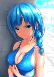  1girl blue_eyes blue_hair blue_swimsuit blush breasts cleavage collarbone commentary_request competition_swimsuit cowboy_shot drill_hair earrings eyebrows_visible_through_hair flower_earrings front_ponytail front_zipper_swimsuit garter-velvet hair_over_shoulder highres jewelry light_smile long_hair looking_at_viewer meme_attire mole mole_on_breast mole_under_eye one-piece_swimsuit original shiny shiny_clothes shiny_hair shiny_skin sideboob skin_tight swimsuit twitter_username unzipped wet wet_clothes wet_swimsuit 