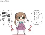  1girl akigumo_(kantai_collection) bandages bottle bow bowtie brown_hair chibi commentary_request drinking_straw energy_drink full_body goma_(yoku_yatta_hou_jane) green_eyes green_neckwear hair_ribbon halterneck kantai_collection lipovitan long_hair open_mouth pantyhose ponytail ribbon school_uniform simple_background solo standing stylus translation_request twitter_username vest wavy_mouth white_background 