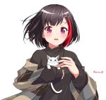  1girl animal animal_ear_fluff bang_dream! bangs black_hair black_sweater blue_eyes blush cat earrings eyebrows_visible_through_hair hair_ornament hairclip highres holding holding_animal holding_cat jewelry kaeru_neko long_sleeves looking_at_viewer mitake_ran multicolored_hair open_mouth purple_eyes red_hair shawl short_hair simple_background sleeves_past_wrists solo streaked_hair sweater twitter_username upper_body whiskers white_background white_cat x_hair_ornament 