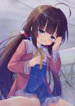  1girl ahoge bangs blue_eyes blunt_bangs blush brown_hair commentary_request eyebrows_visible_through_hair highres hinatsuru_ai long_hair low_twintails outdoors rain ryuuou_no_oshigoto! school_uniform sitting solo taku_michi tears twintails wavy_mouth 