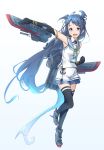  1girl aqua_neckwear bangs bare_shoulders blue_gloves blue_legwear clenched_hand commentary_request elbow_gloves eyebrows_visible_through_hair gloves gradient_hair hair_between_eyes hair_flaps hair_ornament hair_ribbon hairclip highres kantai_collection knee_up long_hair looking_at_viewer minosu multicolored_hair neckerchief open_mouth outstretched_arm pose ribbon rigging sailor_collar samidare_(kantai_collection) shirt simple_background skirt sleeveless sleeveless_shirt solo swept_bangs thighhighs very_long_hair white_background white_serafuku white_skirt zettai_ryouiki 
