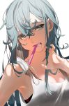  1girl armpits black_bra bra breasts cleavage curly_hair eyebrows grey_eyes highres long_hair mask mask_around_one_ear mask_removed messy_hair mouth_hold mouth_mask original silver_hair solo surgical_mask teeth toothbrush toothbrush_in_mouth underwear white_background white_tank_top yuzua 