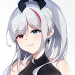 1girl 2540539945 bare_shoulders blue_eyes bow cross cross_necklace earrings girls_frontline hair_bow jewelry long_hair looking_at_viewer mdr_(girls_frontline) necklace red_eyes silver_hair solo_focus white_background wide-eyed 