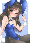  1girl absurdres animal_ears black_legwear blue_background blue_bow blue_leotard blue_neckwear border bow bowtie breasts brown_eyes brown_hair bunny_ears bunny_tail bunnysuit commentary_request cowboy_shot detached_collar flying_sweatdrops hair_bow half_updo highres idolmaster idolmaster_cinderella_girls kyokutou_hentai_samurai leotard long_hair looking_at_viewer pantyhose sitting small_breasts solo strapless strapless_leotard tachibana_arisu tail white_border wrist_cuffs 