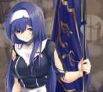  1girl after_battle ahoge battle_damage blood blood_from_mouth blue_eyes blue_hair breasts bruise chaesu dress flag hairband huge_ahoge injury long_hair medium_breasts orie_(under_night_in-birth) pole solo torn_clothes under_night_in-birth very_long_hair white_hairband 