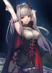  1girl arm_behind_head arm_up armband bangs black_cape black_legwear black_panties bug butterfly cape corset highres horns insect long_hair novelia original panties red_eyes silver_hair sleeveless slit_pupils smile solo stretch thighhighs underwear vampire 