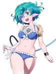  1girl bikini bracelet breasts glasses green_eyes green_hair jewelry looking_at_viewer medium_breasts natto_soup navel open_mouth pink_nails pointy_ears round_eyewear saika_(xenoblade) short_hair smile solo swimsuit tail white_background xenoblade_(series) xenoblade_2 