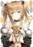  1girl alternate_hairstyle animal animal_ears arknights artist_name bangs bare_shoulders black_choker black_jacket blonde_hair blush breasts brown_eyes candy choker commentary_request eyebrows_visible_through_hair food fur-trimmed_jacket fur_trim hair_between_eyes holding holding_animal holding_food jacket large_breasts lion lion_cub lion_ears lollipop long_hair long_sleeves looking_at_viewer off_shoulder sidelocks siege_(arknights) speech_bubble tank_top tooka translation_request twintails twitter_username upper_body white_tank_top 