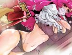  1girl bangs bleach blush bra breasts cleavage dutch_angle gloves highres long_hair looking_at_viewer mask maxiart meninas_mcallon money navel panties pink_bra pink_eyes pink_hair pink_panties pov solo underwear undressing very_long_hair white_gloves 