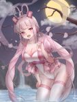  1girl absurdres ahoge bangs blush breasts cleavage eleszaykr fang full_moon highres large_breasts last_origin leotard long_hair moon night open_mouth outdoors pink_eyes pink_hair pinky_out sidelocks smile solo t-14_miho thighhighs very_long_hair white_legwear 