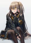  1girl bag black_gloves black_legwear brown_hair girls_frontline gloves hand_on_head jacket long_hair looking_at_viewer open_mouth pantyhose scar silence_girl sitting sitting_on_lap sitting_on_person skirt solo tagme ump45_(girls_frontline) white_background yellow_eyes 