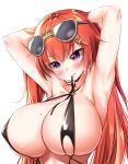  1girl armpits arms_up bare_arms bikini black_bikini blush breasts covered_nipples eyewear_on_head gukukimu hair_ornament highres huge_breasts last_origin long_hair may_of_doom mole mole_on_breast mouth_hold o-ring o-ring_bikini o-ring_top purple_eyes red_hair simple_background solo sunglasses swimsuit upper_body white_background 