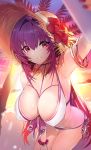  1girl backlighting bangs bare_shoulders beach bead_bracelet beads bikini blush bracelet breasts cleavage collarbone damda fate/grand_order fate_(series) flower grin hair_intakes hat hat_flower jewelry large_breasts leaning_forward long_hair looking_at_viewer ocean outstretched_arm palm_tree purple_hair red_eyes scathach_(fate)_(all) scathach_(fate/grand_order) self_shot smile solo straw_hat sunlight sunset swimsuit thighs tree white_bikini 