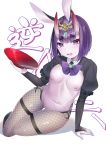  1girl absurdres animal_ears bangs blush bob_cut breasts bunnysuit cropped_jacket eyeliner fake_animal_ears fate/grand_order fate_(series) fou_(ssqseeker) headpiece highres horns long_sleeves looking_at_viewer makeup navel nipples oni oni_horns open_mouth purple_eyes purple_hair revealing_clothes reverse_bunnysuit reverse_outfit short_eyebrows short_hair shrug_(clothing) shuten_douji_(fate/grand_order) simple_background skin-covered_horns smile solo white_background 