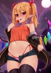  1girl alternate_costume bare_shoulders bat black_jacket black_legwear blonde_hair blush breasts candy clock clock_tower cloud commentary_request covered_nipples cowboy_shot crop_top fangs flandre_scarlet food full_moon hair_ribbon highleg highleg_panties highres holding jacket lollipop long_hair looking_at_viewer micro_shorts moon navel night night_sky off_shoulder open_clothes open_fly open_jacket outdoors panties pink_panties pointy_ears polka_dot polka_dot_panties red_eyes red_ribbon ribbon shiron_(e1na1e2lu2ne3ru3) shorts side-tie_panties sky small_breasts smile solo standing sweat thighhighs tongue tongue_out touhou tower twintails underwear wings 