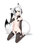  1girl :q absurdres animal_ear_fluff animal_ears bandaid bandaid_on_pussy bandaids_on_nipples black_gloves black_legwear blue_eyes breasts commentary_request covered_nipples deel_(rkeg) detached_collar elbow_gloves fingerless_gloves fox_ears fox_girl fox_tail gloves heart heart-shaped_pupils heart_pasties highres kneeling looking_at_viewer multicolored multicolored_eyes multicolored_hair navel necktie no_shoes original pasties reverse_bunnysuit reverse_outfit revision short_hair silver_hair simple_background small_breasts solo symbol-shaped_pupils tail thighhighs toeless_legwear tongue tongue_out white_background yellow_eyes 