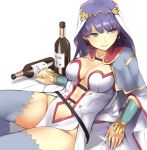  1girl bangs blue_eyes blunt_bangs bottle bracer breasts center_opening circlet cleavage collarbone den_(kur0_yuki) earrings fate/grand_order fate_(series) grey_capelet grey_legwear jewelry large_breasts leotard long_hair looking_at_viewer looking_to_the_side lying navel on_back parted_lips pelvic_curtain purple_hair saint_martha smile solo thighhighs thighs veil white_background white_leotard wine_bottle 