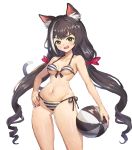  1girl animal_ear_fluff animal_ears artist_request ball bangs bare_shoulders beachball bikini black_bikini black_hair blush breasts cat_ears cat_girl cat_tail eyebrows_visible_through_hair green_eyes hair_between_eyes kyaru_(princess_connect) long_hair low_twintails multicolored_hair open_mouth princess_connect! princess_connect!_re:dive red_nails side-tie_bikini simple_background solo streaked_hair striped striped_bikini swimsuit tail twintails very_long_hair white_background white_bikini white_hair 