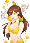  1girl :d aesice bangs bikini bikini_skirt bird breasts cleavage cockatoo eyebrows_visible_through_hair fang gradient_eyes highres large_breasts mango multicolored multicolored_eyes navel open_mouth original personification smile solo stomach swimsuit water water_drop yellow_bikini 