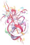  1girl arms_up bow breasts cleavage closed_mouth detached_collar fish_girl fish_tail hair_ribbon highres holding holding_weapon kyouiki_no_ars_magna large_breasts long_hair looking_at_viewer navel object_behind_back petals polearm pulp_piroshi red_eyes red_hair ribbon simple_background smile solo tail trident weapon white_background white_sleeves yellow_bow yellow_ribbon 