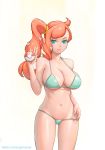  bikini breasts hair_orange large_breasts md5_mismatch open_eyes pokemon pokemon_(game) pokemon_swsh ponytail simple_background sonia_(pokemon) swimsuit wet_skin yugen99 