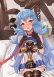  1girl absurdres animal_ears bare_shoulders bed belt black_gloves blue_hair blue_skirt blush breasts bunny_ears collar erune ferry_(granblue_fantasy) gloves granblue_fantasy highres indoors jewelry lamp long_hair looking_at_viewer loose_belt medium_breasts open_mouth pm_tii_(matuko1024) sideboob skirt solo sweat thighhighs valentine wavy_hair yellow_eyes 