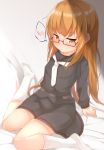  1girl absurdres bangs bed_sheet black_sailor_collar black_serafuku black_skirt blush brown_eyes brown_hair closed_mouth eyebrows_visible_through_hair glasses highres kantai_collection kneehighs long_hair long_sleeves mochizuki_(kantai_collection) nagatsukiin red-framed_eyewear sailor_collar school_uniform serafuku sitting skirt solo spoken_blush sweat white_legwear white_neckwear 