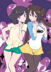  blue_eyes blush breasts brown_hair demon_horns demon_tail double_bun horns long_hair looking_at_viewer mokorei moon_(pokemon) open_mouth pantyhose pokemon pokemon_special short_hair shorts tail twintails very_long_hair whi-two_(pokemon) 
