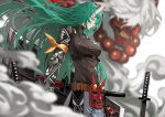  1girl 55level absurdres alternate_costume arknights arm_ribbon arm_scarf belt black_shirt breasts dragon_horns from_side green_eyes green_hair hair_over_one_eye high_collar highres horn horns hoshiguma_(arknights) large_breasts long_hair mask oni oni_horn oni_horns planted_sword planted_weapon ribbon shield shirt smirk smoke standing sword sword_behind_back underbust weapon 