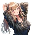  1girl :3 alternate_costume arms_behind_head arms_up bangs black_shirt blush breasts brown_hair girls_frontline hair_ornament hair_ribbon hairclip long_hair medium_breasts red_eyes ribbon scar scar_across_eye shirt silence_girl simple_background solo tongue twintails ump9_(girls_frontline) upper_body white_background 