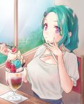  1girl breasts chair cherry cleavage closed_mouth food fruit green_hair hair_ornament hairclip highres hira_kawae ice_cream looking_at_viewer napkin original pink_eyes ponytail sitting solo spoon strawberry sundae window 