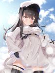  1girl absurdres azur_lane black_gloves black_hair black_legwear blue_sky blush breasts cloud coat eyebrows_visible_through_hair firin fur_trim gloves hat highres large_breasts lifted_by_self long_hair long_sleeves looking_at_viewer pamiat_merkuria_(azur_lane) purple_eyes russian_clothes sky smile solo thighhighs tongue tongue_out underboob white_headwear 