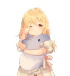  1girl bangs blonde_hair blush braid brown_eyes commentary_request dress eyebrows_visible_through_hair final_fantasy final_fantasy_xiv highres holding holding_stuffed_animal lalafell long_hair looking_at_viewer one_eye_closed pointy_ears rubbing_eyes short_sleeves simple_background sleepy solo stuffed_animal stuffed_toy umika35 white_background 