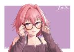  1boy absurdres astolfo_(fate) blush bra_strap fate/grand_order fate_(series) glasses hands_up highres jtleeklm long_sleeves male_focus open_mouth pink_eyes pink_hair pink_shirt shirt short_hair smile solo 