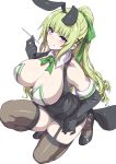  1girl angelo_(gomahangetsu) choujin_koukousei-tachi_wa_isekai_demo_yoyuu_de_ikinuku_you_desu! copyright_request elbow_gloves garter_straps gloves green_hair green_ribbon hair_ribbon highres holding kanzaki_keine leg_garter ponytail purple_eyes ribbon simple_background solo tagme thighhighs white_background 