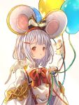  1girl :o animal_ears animal_on_shoulder balloon bangs blush bow cheese commentary_request double-breasted fake_animal_ears food gem granblue_fantasy hair_bow hair_ornament hairband hairclip heart highres holding jacket long_sleeves looking_at_viewer medium_hair mouse open_mouth rat_ears red_eyes simple_background solo umika35 upper_body vikala_(granblue_fantasy) white_background white_hair wing_collar 