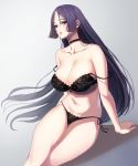  1girl bangs bare_shoulders black_bra black_panties blush bra breasts chirang cleavage collarbone fate/grand_order fate_(series) gradient gradient_background grey_background highres lace lace-trimmed_bra lace-trimmed_panties large_breasts long_hair looking_at_viewer minamoto_no_raikou_(fate/grand_order) navel open_mouth panties parted_bangs parted_lips purple_eyes purple_hair solo strap_slip thighs underwear very_long_hair 