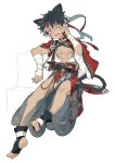 1boy :o animal_ears arm_wrap black_hair cat_ears cat_tail ear_piercing full_bdoy hand_up headband highres ibex male_focus nipples piercing red_headband sitting solo stairs tail toes white_background yellow_eyes 