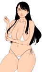  1girl bare_shoulders bikini black_hair brown_eyes collarbone commentary_request lips long_hair looking_at_viewer matoyama navel original side-tie_bikini simple_background solo swimsuit thick_lips thick_thighs thighs white_background white_bikini 