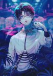  1boy aki_(xxparadexx) bangs black_hair cigarette earrings glasses harness highres holding holding_cigarette jewelry looking_at_viewer male_focus nail_polish open_mouth original piercing plant ring shirt skeleton smoking solo white_shirt 