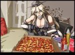  1girl bangs black_border blonde_hair blue_eyes border bottle breasts chair cleavage coca-cola door elbow_gloves food garter_straps gloves hair_between_eyes headgear highres indoors iowa_(kantai_collection) kantai_collection large_breasts long_hair open_mouth pizza pizza_box plate sauce seitei_(04seitei) sitting soda soda_bottle solo star star-shaped_pupils symbol-shaped_pupils thighhighs thumbs_up twitter_username yellow_pupils 