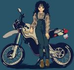  1980s_(style) 1girl black_hair blue_background breasts flat_chest full_body ground_vehicle highres leaning_against_motorcycle loafers long_hair medium_breasts motor_vehicle motorcycle nakamori_akina oldschool overalls oversized_clothes pikurusu plaid plaid_shirt real_life shirt shoes solo yamaha yamaha_xt 