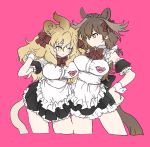  010mzam 2girls :3 alternate_costume animal_ears apron black_dress blonde_hair bow bowtie brown_hair commentary_request cowboy_shot detached_sleeves dress enmaided extra_ears eyebrows_visible_through_hair frilled_dress frills hair_bow hand_in_hair hand_on_hip kemono_friends lion_(kemono_friends) lion_ears lion_girl lion_tail long_hair looking_at_another maid maid_apron maid_dress maid_headdress moose_(kemono_friends) moose_ears moose_girl moose_tail multiple_girls name_tag pantyhose puffy_short_sleeves puffy_sleeves red_bow red_neckwear short_sleeves sleeve_cuffs tail white_apron white_frills white_legwear yellow_eyes 