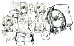  /\/\/\ 1girl blush_stickers closed_eyes greyscale hood monochrome open_mouth personification pikachu pokemon round_teeth shirt shorts space_jin spoon t-shirt teeth translation_request twintails 