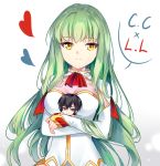  1boy 1girl absurdres bangs blush breasts c.c. chibi closed_mouth code_geass commentary expressionless eyebrows_visible_through_hair gloves green_hair heart highres hug large_breasts lelouch_lamperouge long_hair long_sleeves looking_at_viewer simple_background smile solo thighhighs upper_body white_background white_gloves yaya_chan yellow_eyes 