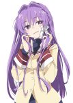  1girl clannad eyebrows_visible_through_hair eyes_visible_through_hair fujibayashi_kyou ixy long_hair long_sleeves purple_eyes purple_hair school_uniform simple_background solo white_background 