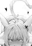 1girl animal_ears ass bangs blush cat_ears cat_tail fellatio final_fantasy final_fantasy_xiv greyscale heart highres implied_fellatio kneeling looking_at_viewer miqo&#039;te monochrome nanaya_(daaijianglin) nude oral pov short_hair simple_background slit_pupils solo steaming_body tail whisker_markings white_background y&#039;shtola_rhul 