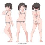  1girl artist_name ass baba_arumi bikini black_hair blush breasts cameltoe closed_mouth dated full_body groin kuraue_hinata looking_at_viewer micro_bikini multiple_views navel purple_eyes shiny shiny_hair short_hair short_twintails side-tie_bikini simple_background small_breasts smile solo standing swimsuit swimwear twintails white_background white_bikini yama_no_susume 