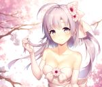  1girl arm_up bangs bare_shoulders blush breasts cherry_blossoms cleavage collarbone dress elbow_gloves eyebrows_visible_through_hair floral_background flower gloves hair_flower hair_ornament hair_ribbon hand_in_hair highres kyouou_ena lavender_eyes lavender_hair long_hair looking_at_viewer medium_breasts momoiro_taisen_pairon petals pink_flower pink_ribbon ribbon smile solo strapless strapless_dress tree tree_branch twintails upper_body white_dress white_gloves 